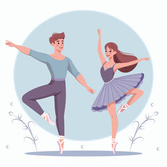 Couple of pretty and gentle ballerina man and woman dancing on white background. Poster, Banner, Flyer, Greeting Card. Vector illustration in flat cartoon style