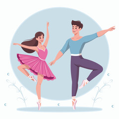 Couple of pretty and gentle ballerina man and woman dancing on white background. Poster, Banner, Flyer, Greeting Card. Vector illustration in flat cartoon style