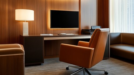 Modern office interior featuring a stylish brown chair, sleek desk, and warm lighting ambiance