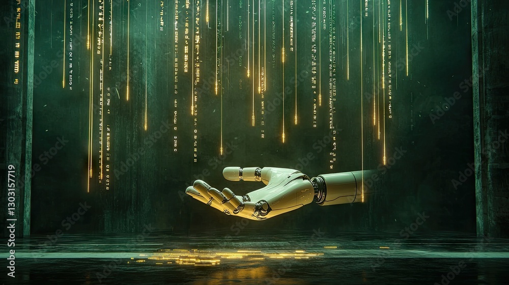 Poster a robotic ai hand touching floating lines of glowing code in a dark tech environment.
