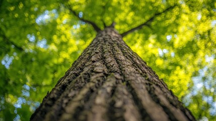 Tall tree trunk, lush green canopy overhead, forest background, nature photography