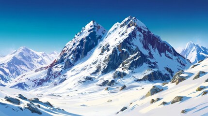 Obraz premium Snow-covered mountain peak under a clear blue sky, jagged rocks and icy slopes, majestic nature background