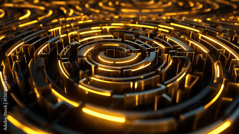 Poster amidst an abstract fractal labyrinth, luminous edges guide the way, while profound shadows evoke a m