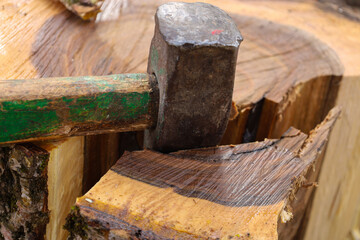 The photo shows a close-up of an axe stuck in a split log. The axe has a metal blade and a wooden handle with green paint marks. The log is split into two parts, revealing the wood's texture and growt