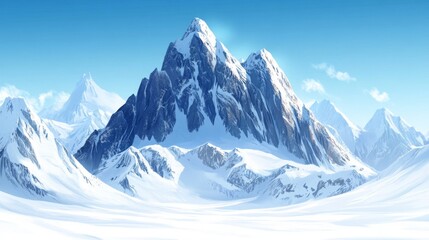 Obraz premium Snow-covered mountain peak under a clear blue sky, jagged rocks and icy slopes, majestic nature background