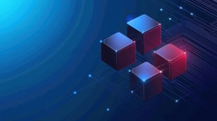 A digital illustration featuring glowing cubes on a blue background, representing technology and data processing.