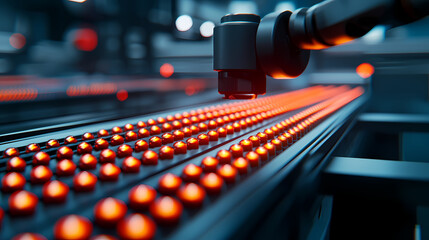 A robotic arm is precisely working on a conveyor belt, featuring illuminated red lights, highlighting a modern manufacturing environment.