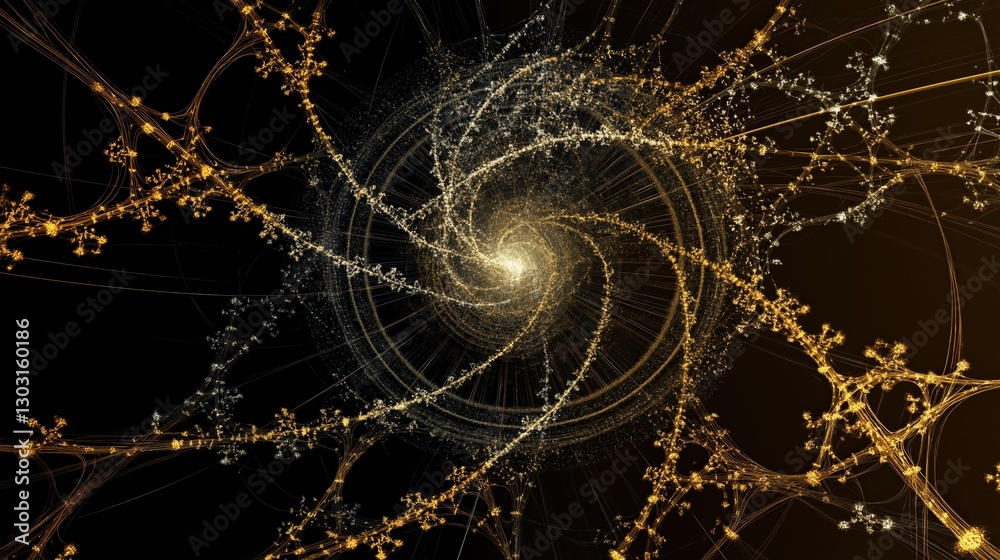 Poster spiral of gold and black lines with a dark background. the spiral is made up of many small lines tha