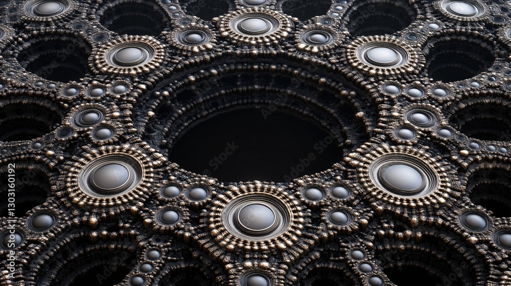 Aufkleber Close up of a large circle with many small circles inside of it. The circles are all different sizes and are made of metal. The image has a futuristic and industrial feel to it. AI generated