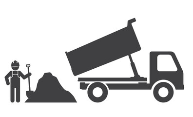dump truck  near worker load ground with shovel icon
