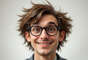 Obraz premium A funny nerd character with oversized round glasses, messy hair, and a goofy smile. Wearing suspenders, a bowtie, and a too-short pair of pants with socks showing
