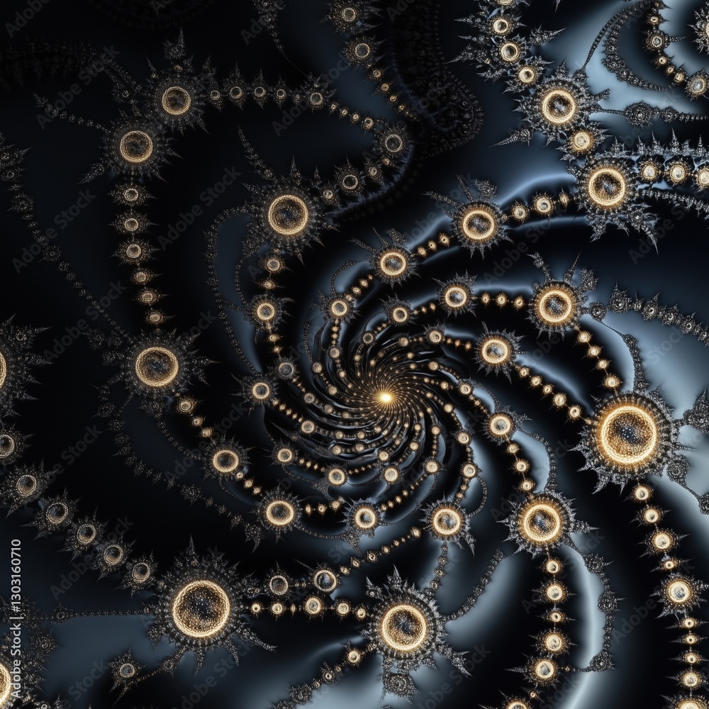 Poster spiral of gold and black dots. the spiral is made up of many small circles, each one slightly larger