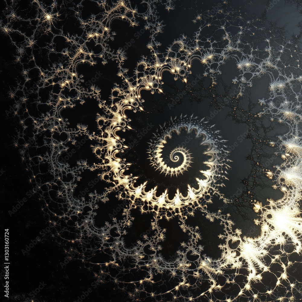 Poster spiral shape with a golden hue. the spiral is surrounded by a dark background. the spiral is the mai