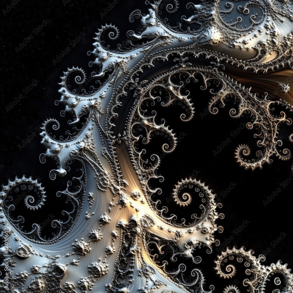 Poster spiral of white and silver with a black background. the spiral is very intricate and detailed. the i