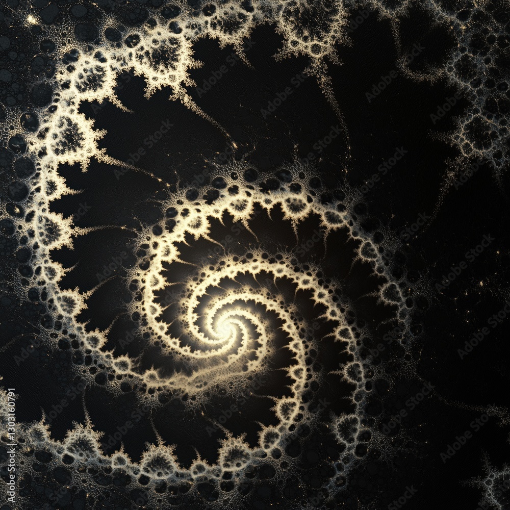 Poster spiral shape with a golden hue. the spiral is surrounded by a black background. the spiral is very i