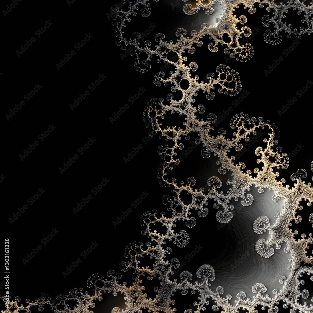 Poster black and gold spiral with a white background. the spiral is made up of many small circles and is ve