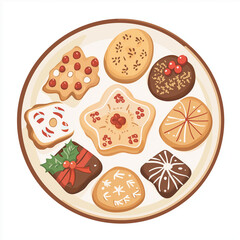 Vector illustration of a holiday cookie platter with various shaped treats, including stars, snowflakes, and festive decorations