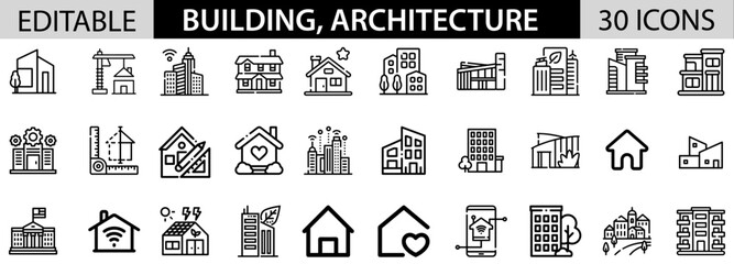 Building, Architecture icon pack design in adobe illustrator I 30 Editable Stoke I Victor File. 
