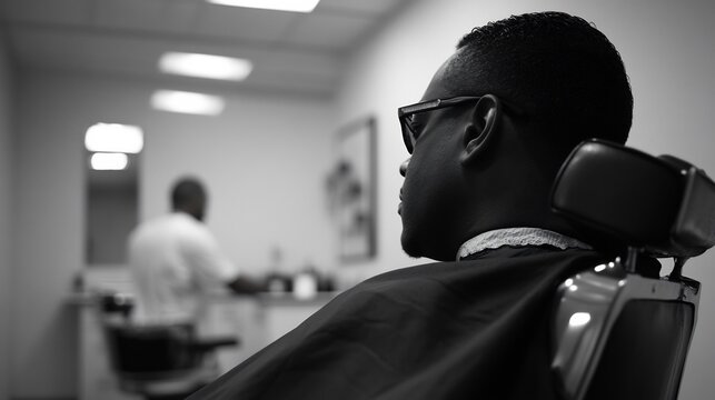 A man sits comfortably in the barber's chair, enjoying the process of getting a haircut by a skilled barber. With a large mirror in front of him, the man observes the barber’s precise work. The barber