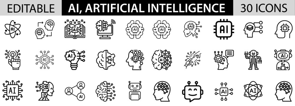 Ai, Artificial intelligence icon pack design in adobe illustrator I 30 Editable Stoke I Victor File. 