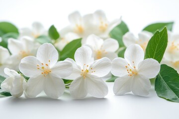 Fototapeta premium a cluster of elegant white flowers, perfectly capturing the freshness of spring, with their delicate petals and green leaves. The composition is simple yet captivating