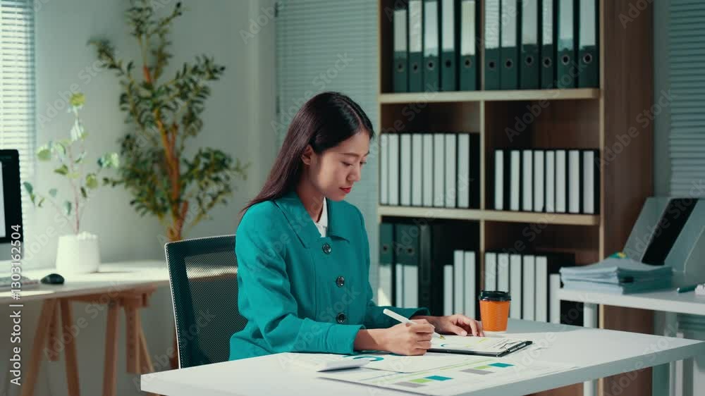 Poster Corporate professional reviewing financial reports, examining graphs with precision while strategizing at sleek workspace, embodying analytical proficiency and professional dedication