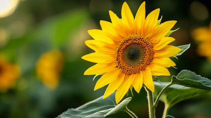 Obraz premium Bright cheerful sunflower close-up showcasing vivid yellow petals and intricate center structure under soft natural light in a garden setting. Generative AI
