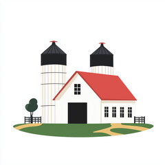 A modern white barn with twin silos, representing a contemporary yet traditional farming landscape