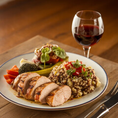 Hearty and healthy dinner plate with tender sliced chicken, a nutritious grain blend, and a medley of seasoned vegetables, set in a cozy dining atmosphere.