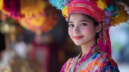 Fototapeta premium Smiling woman cultural attire festival portrait vibrant colors.