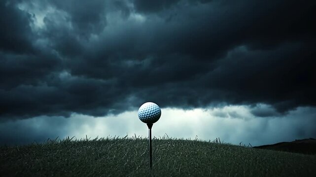 Golf ball poised on tee against a backdrop of tumultuous storm clouds foreshadowing challenges and uncertainties on the green