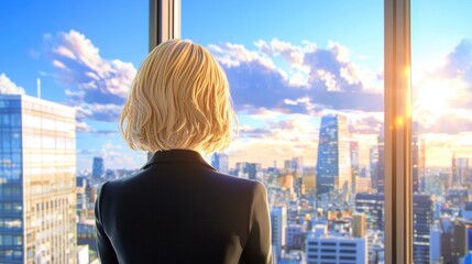 Businesswoman gazing at city skyline during sunset.