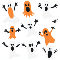 Set of cartoon ghost decorations in white, black, and orange with expressive spooky faces, ideal for Halloween party decor