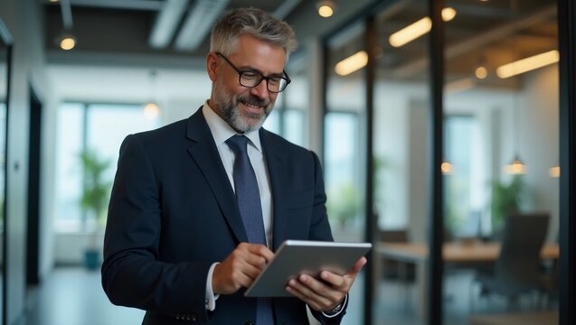 Happy middle aged business man ceo wearing suit standing in office using digital tablet. Smiling mature businessman professional executive manager looking away thinking working on tech device.