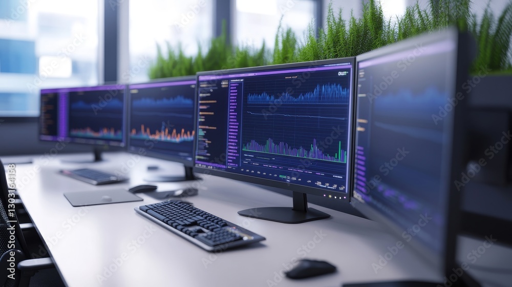 Poster modern office workspace featuring multiple monitors displaying data analytics and graphs