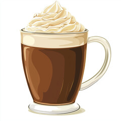 Realistic illustration of a hot chocolate mug with a transparent glass handle, topped with thick whipped cream, representing a comforting winter drink
