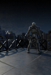 Future Soldier on Night Patrol in the City, 3d digitally rendered science fiction illustration