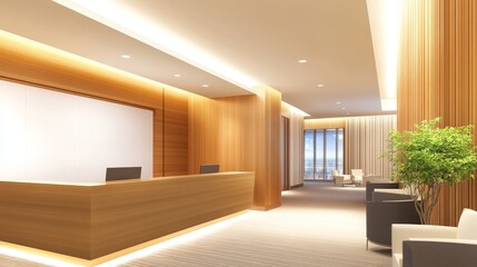 Modern office reception area with wooden accents, bright lighting, and a view of the city skyline