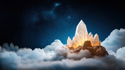 Crystal formations glowing above clouds in starry night.
