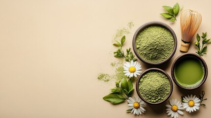 A serene arrangement of matcha powder, green tea, and natural elements for relaxation.