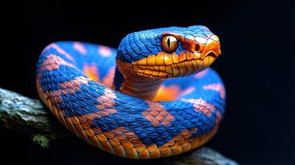 Obraz premium Vibrant snake coiled on branch in dark setting