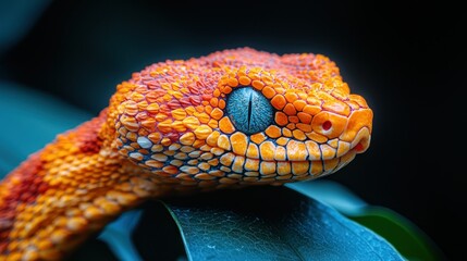 Fototapeta premium Vibrant orange snake head close-up on leaf, dark background. Potential use Nature, wildlife, or exotic pet poster/advertisement