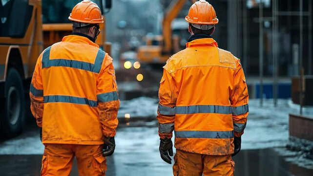 Construction Crew: Two construction workers in high-visibility vests and hard hats stand on a construction site, observing the ongoing work. 