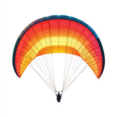 Obraz premium A colorful paragliding wing in red, yellow, and blue, floating in the air with a person hanging beneath it, isolated on a white background