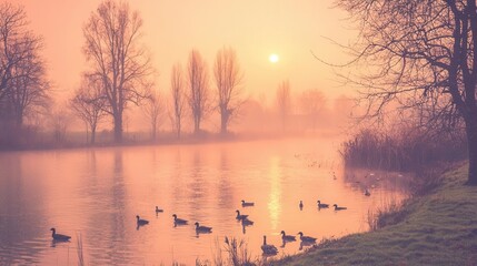 Serene Sunrise over Calm Water with Birds