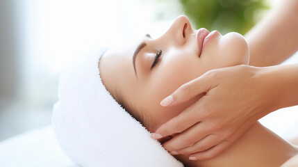 Fototapeta premium Woman receiving facial massage at beauty spa, skincare treatment, esthetician care, wellness therapy, relaxation, healthy skin, cosmetology, close up