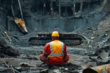 Worker rests at excavation construction site.