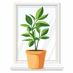 Fototapeta premium A vibrant potted plant placed on a white windowsill, bringing a fresh and natural touch to an indoor space. A stylish home decor element