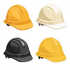 A set of four safety helmets in yellow, black, and white, representing essential protective gear for construction and industrial work