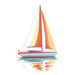 Naklejka premium A modern sailboat with orange sails floating on calm water, reflecting beautifully. A serene and peaceful sailing experience